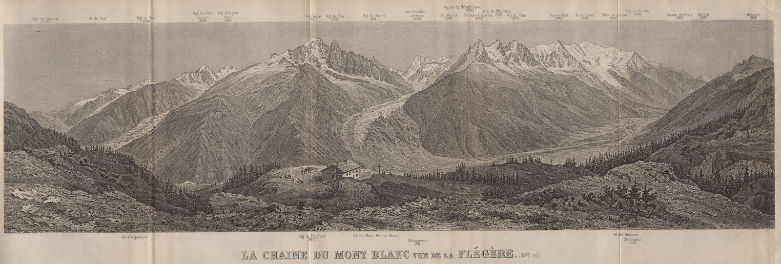 PANORAMA. MONT BLANC MASSIF from FLEGÈRE 1806m. Chamonix. Haute-Savoie 1909 map